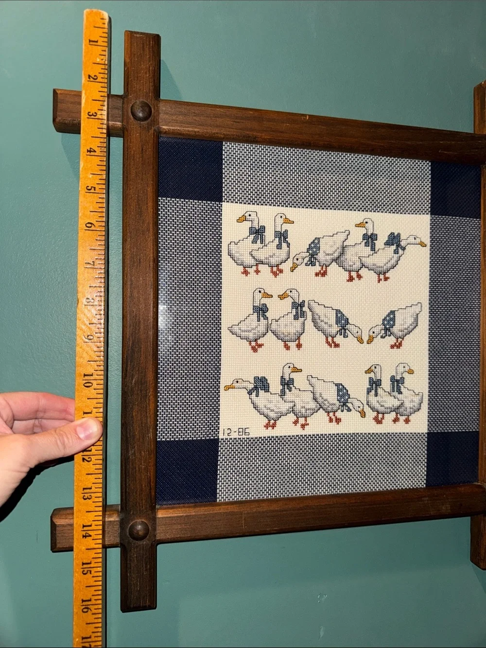 Vintage Framed Cross-Stitch Geese Wall Art - Blue & White w/wooden frame-goose